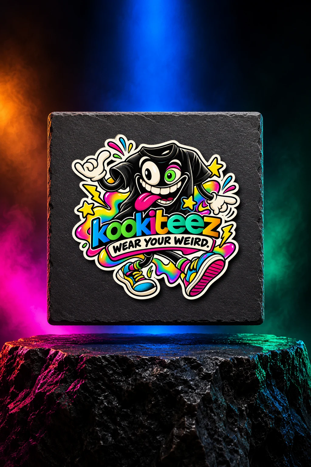 Wear Your Weird sticker with bright KookiTeez graffiti lettering. White option. Digital mockup.