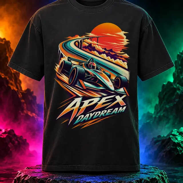 Apex Daydream T-shirt with an open-wheel race car on a sunset circuit. Black option. Digital mockup.