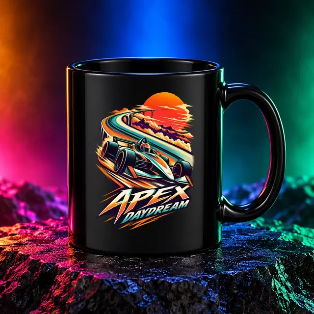 Apex Daydream mug with an open-wheel race car on a sunset circuit. Black option. Digital mockup.