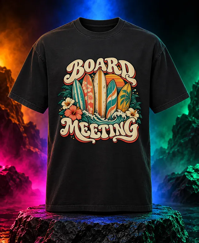 Board Meeting T-shirt with five vintage surfboards, tropical flowers and Board Meeting lettering. Black option. Digital mockup.