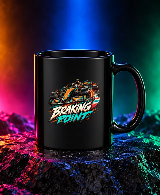 Braking Point mug with an original unbranded open-wheel racing car and Braking Point lettering. Black option. Digital mockup.