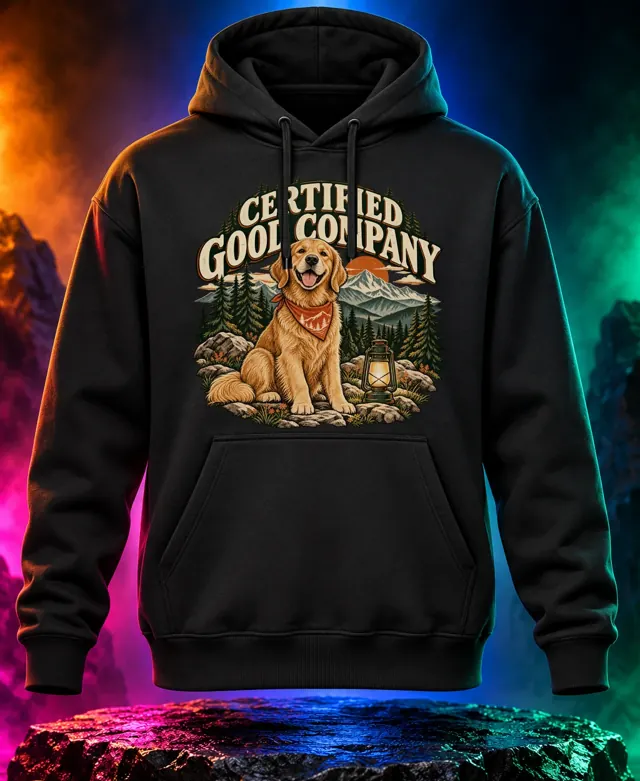 Certified Good Company hoodie with a golden dog in a vintage outdoors badge. Black option. Digital mockup.