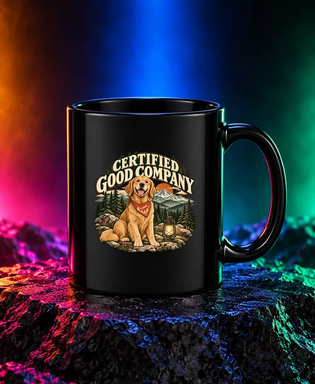 Certified Good Company mug with a golden dog in a vintage outdoors badge. Black option. Digital mockup.
