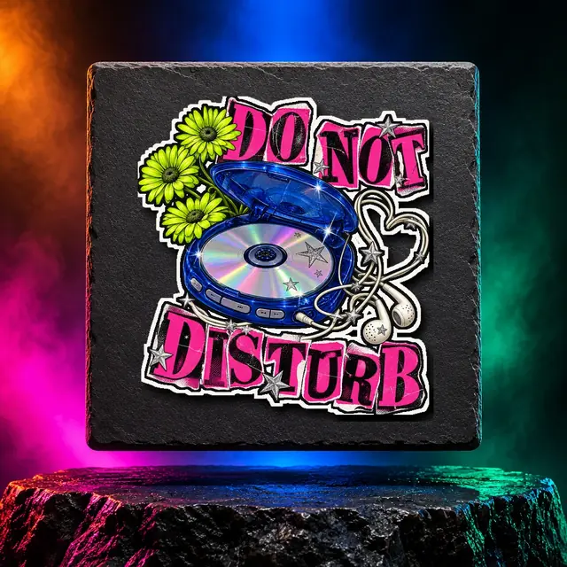 Do Not Disturb sticker with a portable CD player, earbuds and flowers. White option. Digital mockup.