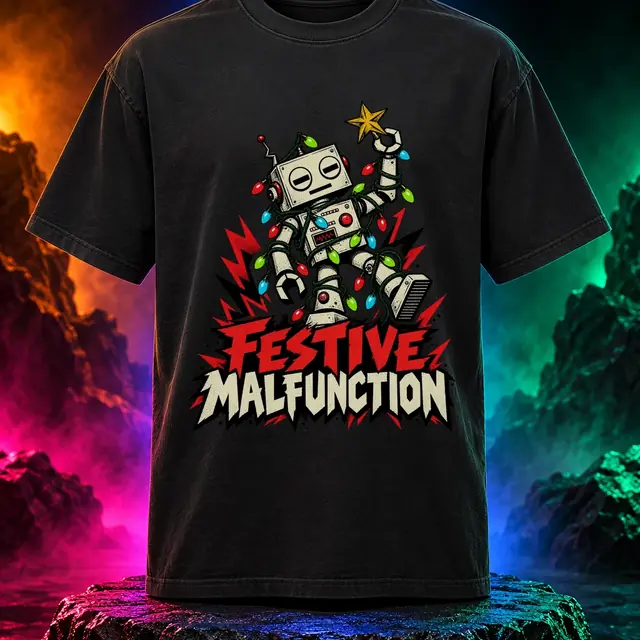 Festive Malfunction T-shirt with a retro robot tangled in Christmas lights. Black option. Digital mockup.