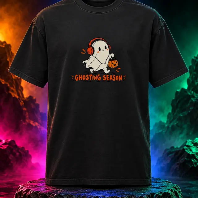 Ghosting Season T-shirt with a ghost wearing headphones beside a pumpkin. Black option. Digital mockup.