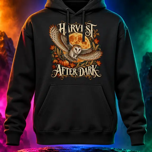 Harvest After Dark hoodie with an owl beneath a harvest moon. Black option. Digital mockup.