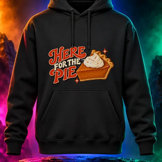 Here for the Pie hoodie with pumpkin pie and retro diner lettering. Black option. Digital mockup.