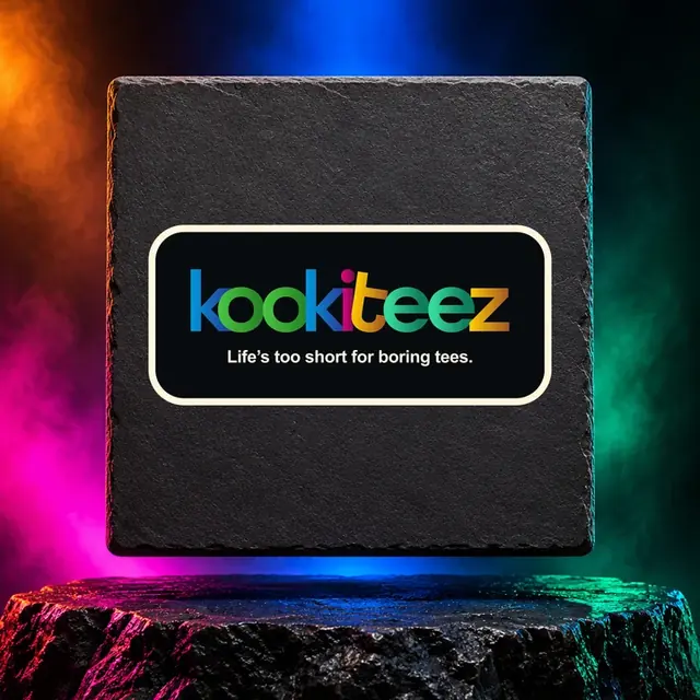 Life’s Too Short sticker with the rainbow KookiTeez logo and Life’s Too Short for Boring Tees lettering. White option. Digital mockup.