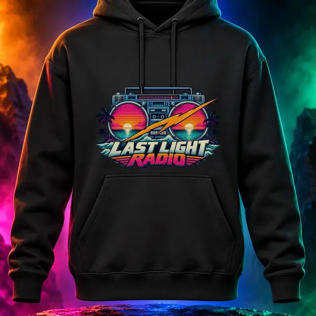 Last Light Radio hoodie with a vintage boombox against sunset colors. Black option. Digital mockup.