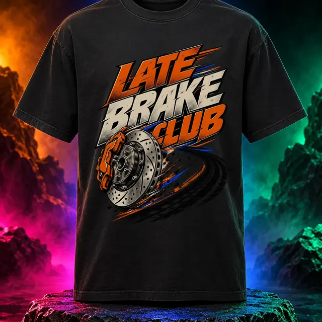 Late Brake Club T-shirt with bold racing lettering and garage-inspired details. Black option. Digital mockup.