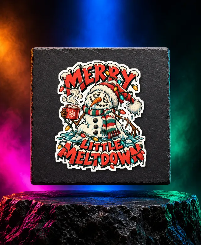 Merry Little Meltdown sticker with a melting snowman, a hot drink and festive lights and Merry Little Meltdown lettering. White option. Digital mockup.