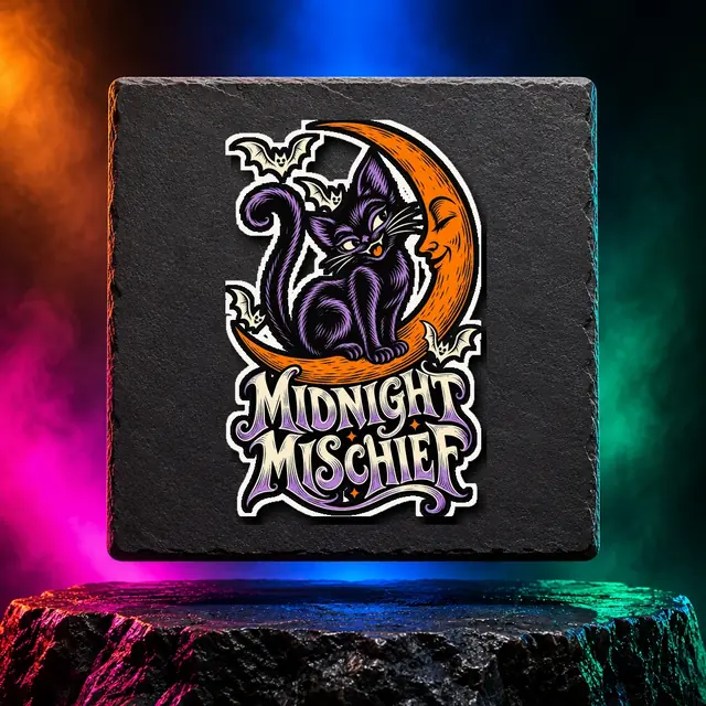 Midnight Mischief sticker with a mischievous cat beneath a crescent moon. White option. Digital mockup.