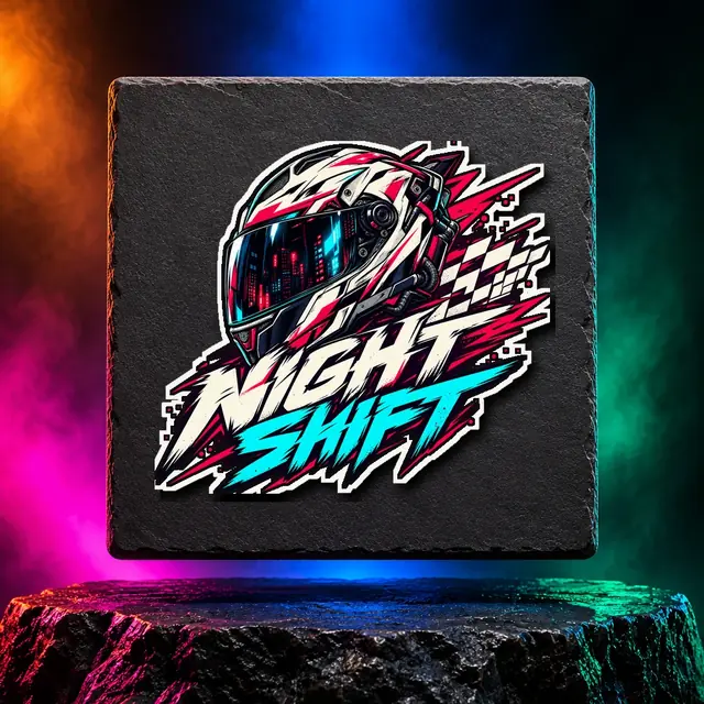 Night Shift sticker with a motorcycle helmet and neon speed marks. White option. Digital mockup.