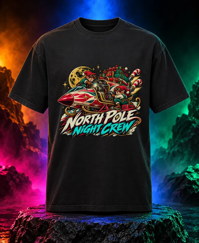 North Pole Night Crew T-shirt with elves flying a rocket-powered gift sleigh beneath a moon and expressive retro lettering. Black option. Digital mockup.
