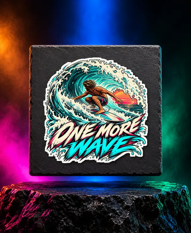 One More Wave sticker with an adult surfer riding inside a turquoise barrel with One More Wave brush lettering. White option. Digital mockup.