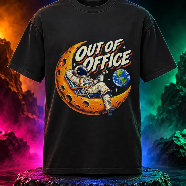 Out of Office T-shirt with an astronaut resting on a crescent moon. Black option. Digital mockup.