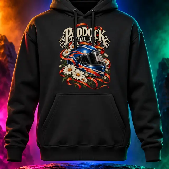 Paddock Social Club hoodie with a racing helmet, daisies and checkered accents. Black option. Digital mockup.