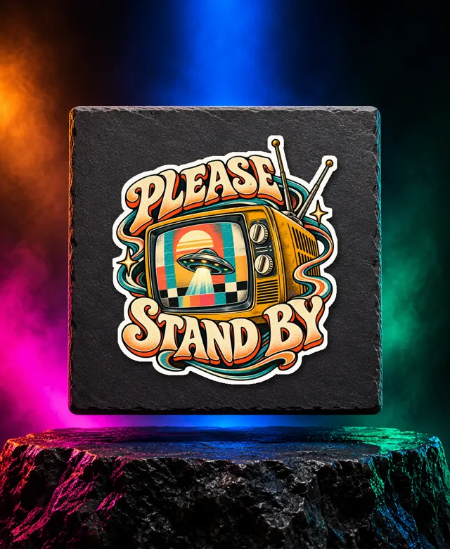 Please Stand By sticker with a vintage television displaying a flying saucer and Please Stand By lettering. White option. Digital mockup.