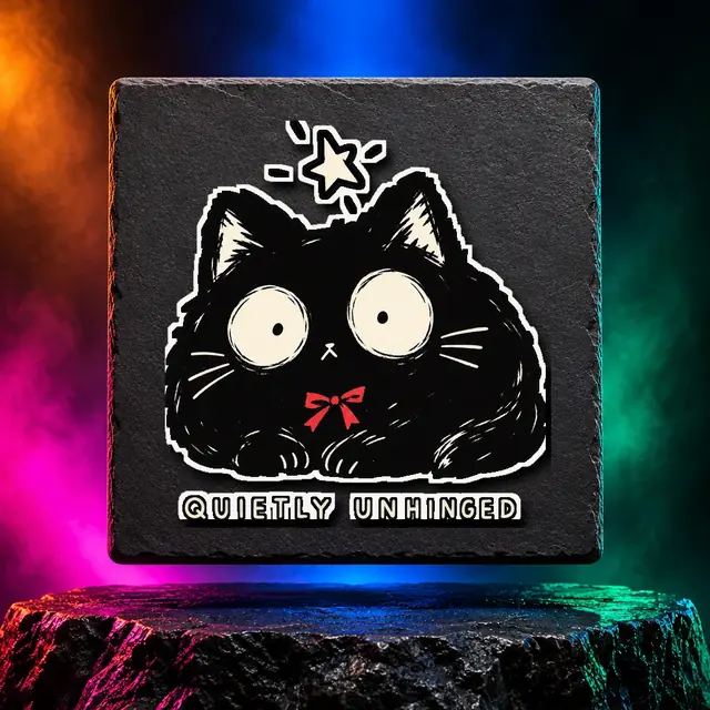 Quietly Unhinged sticker with a deadpan cat and Quietly Unhinged lettering. White option. Digital mockup.