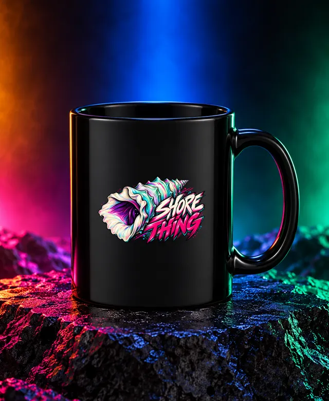 Shore Thing mug with a sculptural mint-and-lavender conch shell with pink Shore Thing graffiti lettering. Black option. Digital mockup.