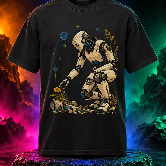 Small Signs of Life T-shirt with a curious robot tending a small flower. Black option. Digital mockup.