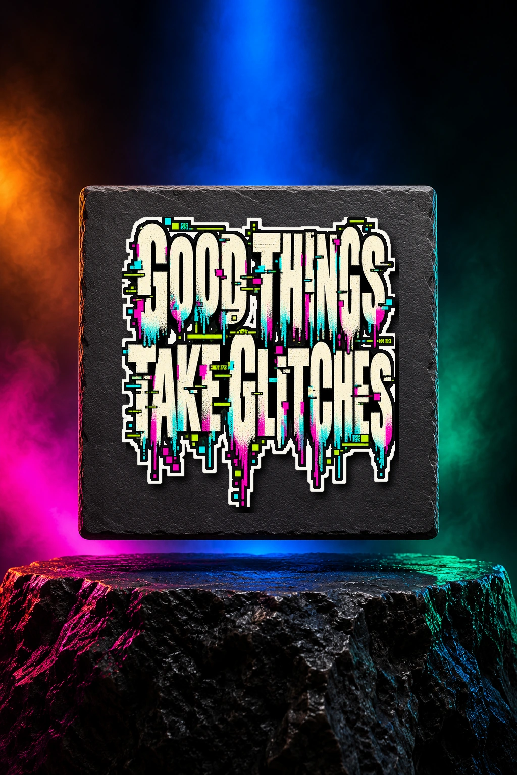 Good Things Take Glitches sticker with fractured lettering and colorful digital glitch details. White option. Digital mockup.
