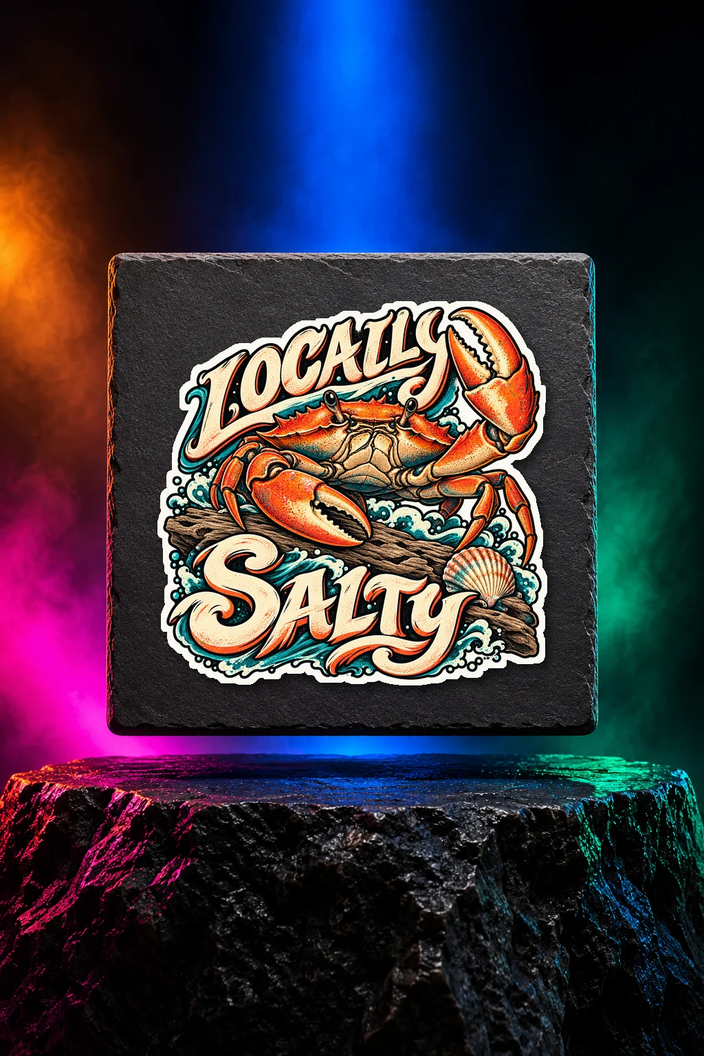Locally Salty sticker with an orange crab raising one claw on driftwood with Locally Salty lettering. White option. Digital mockup.