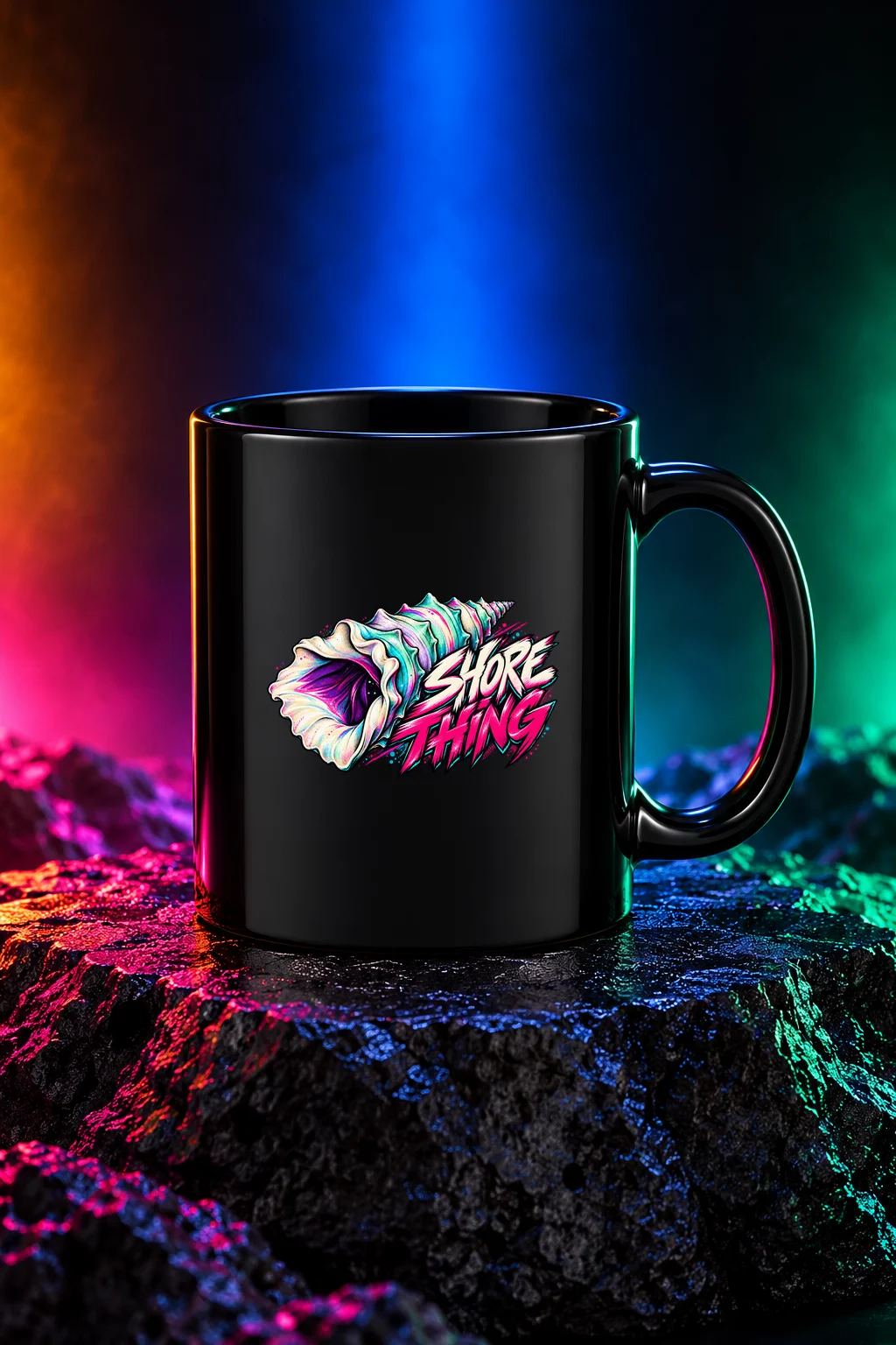 Shore Thing mug with a sculptural mint-and-lavender conch shell with pink Shore Thing graffiti lettering. Black option. Digital mockup.